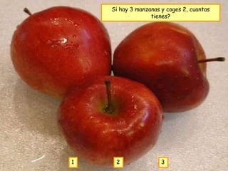Si hay 3 manzanas y coges 2, cuantas
                  tienes?




1    2                3
 