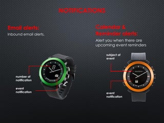 number of
notification
Calendar &
Reminder alerts:
Alert you when there are
upcoming event reminders
Email alerts:
Inbound email alerts.
event
notification
subject of
event
event
notification
NOTIFICATIONS
 