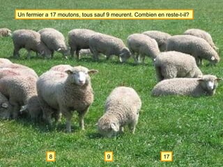 Un fermier a 17 moutons, tous sauf 9 meurent. Combien en reste-t-il?  9 17 8 