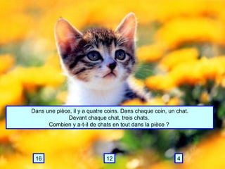 Dans une pièce, il y a quatre coins. Dans chaque coin, un chat. Devant chaque chat, trois chats.  Combien y a-t-il de chats en tout dans la pièce ?  4 12 16 