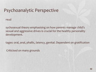 Psychoanalytic Perspective Freud Psychosexual theory emphasising on how parents manage child’s sexual and aggressive drives is crucial for the healthy personality development. Stages: oral, anal, phallic, latency, genital. Dependent on gratification - Criticised on many grounds 