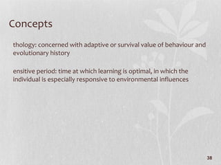 Concepts  Ethology: concerned with adaptive or survival value of behaviour and evolutionary history Sensitive period: time at which learning is optimal, in which the individual is especially responsive to environmental influences 