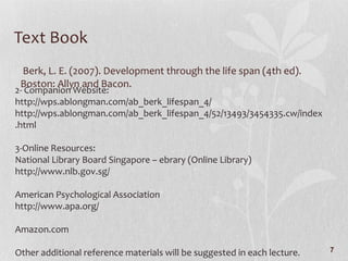 Text Book 1 Berk, L. E. (2007). Development through the life span (4th ed). Boston: Allyn and Bacon. 2- Companion Website:  http://wps.ablongman.com/ab_berk_lifespan_4/ http://wps.ablongman.com/ab_berk_lifespan_4/52/13493/3454335.cw/index.html 3-Online Resources: National Library Board Singapore – ebrary (Online Library) http://www.nlb.gov.sg/ American Psychological Association http://www.apa.org/ Amazon.com Other additional reference materials will be suggested in each lecture . 