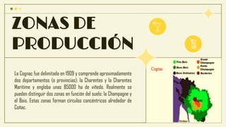 La Cognac fue delimitada en 1909 y comprende aproximadamente
dos departamentos (o provincias): la Charentes y la Charentes
Maritime y engloba unas 85000 ha de viñedo. Realmente se
pueden distinguir dos zonas en función del suelo: la Champagne y
el Bois. Estas zonas forman círculos concéntricos alrededor de
Coñac.
ZONAS DE
PRODUCCIÓN
 