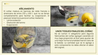 AÑEJAMIENTO
El coñac madura en barricas de roble francés o
americano de entre 270 y 450 l, que no se llenan
completamente para facilitar su evaporación. El
paso por la barrica suaviza el coñac mediante:
• Lenta oxidación
• Disolución del tanino
• Evaporación
UNOS TOQUES FINALES DEL COÑAC
No es común ni obligatorio pero algunos
fabricantes del coñac agregan caramelo en
muy baja proporción al licor para ajustar de
una mejor forma la tonalidad marrón claro de
la bebida. La cantidad que se le agrega a
este componente no debe afectar el sabor
del cognac.
 