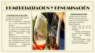 COMERCIALIZACION Y DENOMINACIÓN
COMERCIALIZACIÓN
El reglamento de la AOC Cognac,
requiere 6 condiciones:
• Vino vendimiado y destilado
en la zona delimitada de
Cognac.
• De vinos blancos obtenidos
al menos en un 90% de las
variedades principales (Ugni
Blanc, Colombard, Folle
Blanche).
• Disponer de un certificado de
no chaptalización elaborado
por la administración y haber
sido destilado 2 veces en un
alambique charentais
tradicional de unos 30Hl.
DENOMINACIÓN
La denominación permite
mezclar uvas de distintas
zonas. Sin embargo las AOC
regionales, tienen sus
especificidades.
- Cognac, eau de vie de
cognac, eau de vie de
Carentes
- Grande Champagne,
Grande Fine Champagne :
100% de Grande
Champagne.
- Petit Champagne, Petit
Fine Champagne : 100%
de Petite Champagne.
 