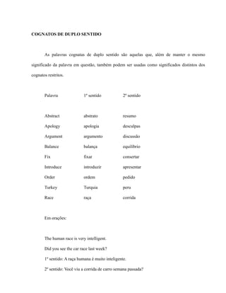 COGNATOS DE DUPLO SENTIDO
As palavras cognatas de duplo sentido são aquelas que, além de manter o mesmo
significado da palavra em questão, também podem ser usadas como significados distintos dos
cognatos restritos.
Palavra 1º sentido 2º sentido
Abstract abstrato resumo
Apology apologia desculpas
Argument argumento discussão
Balance balança equilíbrio
Fix fixar consertar
Introduce introduzir apresentar
Order ordem pedido
Turkey Turquia peru
Race raça corrida
Em orações:
The human race is very intelligent.
Did you see the car race last week?
1º sentido: A raça humana é muito inteligente.
2º sentido: Você viu a corrida de carro semana passada?
 