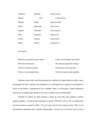 Exquisite Apurado e não esquisito
Parents Pais e não parentes
Pretend Fingir e não pretender
Retire Aposentar e não retirar
Support Sustentar e não suportar
Push Empurrar e não puxar
Lunch Almoço e não lanche
Fabric Tecido e não fábrica
Em orações:
What do you actually want to know? O que você realmente quer saber?
We'll leave after lunch. Nós sairemos depois do almoço.
I don't live with my parents. Eu não moro com meus pais.
He has a very exquisite taste. Ele tem um gosto muito apurado.
Sabendo-se que existe uma forte presença de vocábulos de origem latina no inglês e que a
porcentagem de falsos cognatos não ultrapassa 0,1%, predispomo-nos a ignorar a necessidade de
buscar no dicionário o significado de tais vocábulos. Mas, se verificarmos, sempre deparamos
com textos ou situações que tendem a levar-nos a cometer erros de interpretação.
Partindo de extratos de obras literárias e frases do nosso dia-a-dia, podemos verificar
alguns exemplos: “I realized what I had done to myself” (WELLS, 1987, p. 93). Ao traduzirmos
esta frase teremos o seguinte sentido: “Percebi o que eu havia feito comigo mesmo”. Mas, se nos
descuidarmos, poderemos dar a seguinte interpretação: “Realizei (ou concretizei) o que eu havia
 