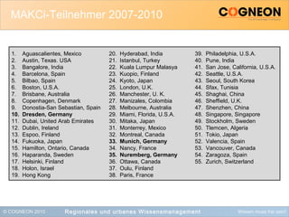 © COGNEON 2010 Wissen muss frei sein!
MAKCi-Teilnehmer 2007-2010
Regionales und urbanes Wissensmanagement
1. Aguascalientes, Mexico
2. Austin, Texas. USA
3. Bangalore, India
4. Barcelona, Spain
5. Bilbao, Spain
6. Boston, U.S.A.
7. Brisbane, Australia
8. Copenhagen, Denmark
9. Donostia-San Sebastian, Spain
10. Dresden, Germany
11. Dubai, United Arab Emirates
12. Dublin, Ireland
13. Espoo, Finland
14. Fukuoka, Japan
15. Hamilton, Ontario, Canada
16. Haparanda, Sweden
17. Helsinki, Finland
18. Holon, Israel
19. Hong Kong
20. Hyderabad, India
21. Istanbul, Turkey
22. Kuala Lumpur Malasya
23. Kuopio, Finland
24. Kyoto, Japan
25. London, U.K.
26. Manchester, U. K.
27. Manizales, Colombia
28. Melbourne, Australia
29. Miami, Florida, U.S.A.
30. Mitaka, Japan
31. Monterrey, Mexico
32. Montreal, Canada
33. Munich, Germany
34. Nancy, France
35. Nuremberg, Germany
36. Ottawa, Canada
37. Oulu, Finland
38. Paris, France
39. Philadelphia, U.S.A.
40. Pune, India
41. San Jose, California, U.S.A.
42. Seattle, U.S.A.
43. Seoul, South Korea
44. Sfax, Tunisia
45. Shaghai, China
46. Sheffield, U.K.
47. Shenzhen, China
48. Singapore, Singapore
49. Stockholm, Sweden
50. Tlemcen, Algeria
51. Tokio, Japan
52. Valencia, Spain
53. Vancouver, Canada
54. Zaragoza, Spain
55. Zurich, Switzerland
 