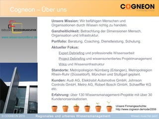 © COGNEON 2010 Wissen muss frei sein!
Cogneon – Über uns
Unsere Mission: Wir befähigen Menschen und
Organisationen durch Wissen richtig zu handeln.
Ganzheitlichkeit: Betrachtung der Dimensionen Mensch,
Organisation und Infrastruktur.
Portfolio: Beratung, Coaching, Dienstleistung, Schulung.
Aktueller Fokus:
Expert Debriefing und professionelle Wissensarbeit
Project Debriefing und wissensorientiertes Projektmanagement
Wikis und Wissensinfrastruktur
Standorte: Metropolregion Nürnberg (Erlangen), Metropolregion
Rhein-Ruhr (Düsseldorf), München und Stuttgart geplant.
Kunden: Audi AG, Elektrobit Automotive GmbH, Johnson
Controls GmbH, Metro AG, Robert Bosch GmbH, Schaeffler KG
etc.
Erfahrung: über 130 Wissensmanagement-Projekte mit über 30
Kundenorganisationen.
Regionales und urbanes Wissensmanagement
www.wissensexzellenz.de
Unsere Firmengeschichte:
http://www.cogneon.de/node/2559
 