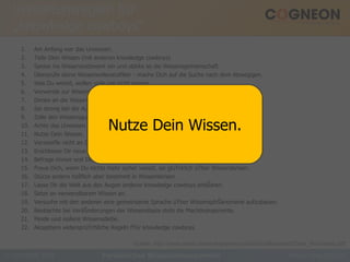 Verhaltensregeln für „knowledge cowboys“ Am Anfang war das Unwissen. Teile Dein Wissen (mit anderen knowledge cowboys). Speise ins Wissensnetzwerk ein und stärke so die Wissensgemeinschaft. Überprüfe deine Wissensrelevanzfilter - mache Dich auf die Suche nach dem Abwegigen. Was Du weisst, wollen viele gar nicht wissen. Verwende zur Wissensvermittlung so oft du kannst anschauliche Beispiele. Denke an die Wissensnutzer (bevor Du sie mit Informationen üŸberschwemmst). Sei streng bei der Auswahl neuer knowledge cowboys. Zolle den Wissensgurus und ihren Buzzwords keinen Respekt. Achte das Unwissen anderer - füŸhle dich nicht als Missionar. Nutze Dein Wissen. Verzweifle nicht an Deinem Unwissen, sondern lerne es zu lieben. Erschliesse Dir neue Wissensquellen. Befrage immer erst Dein Wissen vor dem der Anderen. Freue Dich, wenn Du nichts mehr sicher weisst, sei glüŸcklich üŸber Wissenskrisen. Stürze andere höšflich aber bestimmt in Wissenskrisen. Lasse Dir die Welt aus den Augen anderer knowledge cowboys erklŠären. Setze an verwendbarem Wissen an. Versuche mit den anderen eine gemeinsame Sprache üŸber WissensphŠänomene aufzubauen. Beobachte bei VeräŠnderungen der Wissensbasis stets die Machtkomponente. Meide und isoliere Wissensdiebe. Akzeptiere widersprüŸchliche Regeln fŸür knowledge cowboys. Persönliches Wissensmanagement Quelle: http://www.enbiz.de/wmk/papers/public/DissRomhardt/Diss_Romhardt.pdf. Nutze Dein Wissen. 