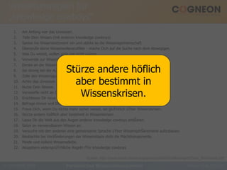 Verhaltensregeln für „knowledge cowboys“ Am Anfang war das Unwissen. Teile Dein Wissen (mit anderen knowledge cowboys). Speise ins Wissensnetzwerk ein und stärke so die Wissensgemeinschaft. Überprüfe deine Wissensrelevanzfilter - mache Dich auf die Suche nach dem Abwegigen. Was Du weisst, wollen viele gar nicht wissen. Verwende zur Wissensvermittlung so oft du kannst anschauliche Beispiele. Denke an die Wissensnutzer (bevor Du sie mit Informationen üŸberschwemmst). Sei streng bei der Auswahl neuer knowledge cowboys. Zolle den Wissensgurus und ihren Buzzwords keinen Respekt. Achte das Unwissen anderer - füŸhle dich nicht als Missionar. Nutze Dein Wissen. Verzweifle nicht an Deinem Unwissen, sondern lerne es zu lieben. Erschliesse Dir neue Wissensquellen. Befrage immer erst Dein Wissen vor dem der Anderen. Freue Dich, wenn Du nichts mehr sicher weisst, sei glüŸcklich üŸber Wissenskrisen. Stürze andere höšflich aber bestimmt in Wissenskrisen. Lasse Dir die Welt aus den Augen anderer knowledge cowboys erklŠären. Setze an verwendbarem Wissen an. Versuche mit den anderen eine gemeinsame Sprache üŸber WissensphŠänomene aufzubauen. Beobachte bei VeräŠnderungen der Wissensbasis stets die Machtkomponente. Meide und isoliere Wissensdiebe. Akzeptiere widersprüŸchliche Regeln fŸür knowledge cowboys. Persönliches Wissensmanagement Quelle: http://www.enbiz.de/wmk/papers/public/DissRomhardt/Diss_Romhardt.pdf. Stürze andere höflich aber bestimmt in Wissenskrisen. 