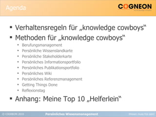 Agenda Verhaltensregeln für „knowledge cowboys“ Methoden für „knowledge cowboys“ Berufungsmanagement Persönliche Wissenslandkarte Persönliche Stakeholderkarte Persönliches Informationsportfolio Persönliches Publikationsportfolio Persönliches Wiki Persönliches Referenzmanagement Getting Things Done Reflexionstag Anhang: Meine Top 10 „Helferlein“ Persönliches Wissensmanagement 