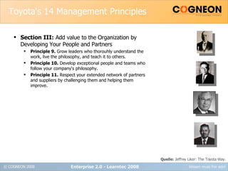 Toyota‘s 14 Management Principles Section III:  Add value to the Organization by Developing Your People and Partners Principle 9.  Grow leaders who thorouhly understand the work, live the philosophy, and teach it to others. Principle 10.  Develop exceptional people and teams who follow your company‘s philosophy. Principle 11.  Respect your extended network of partners and suppliers by challenging them and helping them improve. Enterprise 2.0 - Learntec 2008 Quelle:  Jeffrey Liker: The Toyota Way. 