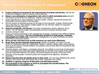 Demings 14 Key Principles for Management Create constancy of purpose for the improvement of product and service , with the aim to become competitive, stay in business, and provide jobs. Adopt a new philosophy of cooperation (win-win) in which everybody wins  and put it into practice by teaching it to employees, customers and suppliers. Cease dependence on mass inspection to achieve quality. Instead, improve the process and build quality into the product in the first place. End the practice of awarding business on the basis of price tag alone. Instead, minimize total cost in the long run. Move toward a single supplier for any one item, based on a long-term relationship of loyalty and trust. Improve constantly, and forever,  the system of production, service, planning, of any activity. This will improve quality and productivity and thus constantly decrease costs. Institute training for skills. Adopt and institute leadership for the management of people, recognizing their different abilities, capabilities, and aspiration.  The aim of leadership should be to help people, machines, and gadgets do a better job.  Leadership of management is in need of overhaul, as well as leadership of production workers. Drive out fear and build trust so that everyone can work more effectively. Break down barriers between departments.  Abolish competition and build a win-win system of cooperation within the organization. People in research, design, sales, and production must work as a team to foresee problems of production and use that might be encountered with the product or service. Eliminate slogans, exhortations, and targets asking for zero defects or new levels of productivity. Such exhortations only create adversarial relationships, as the bulk of the causes of low quality and low productivity belong to the system and thus lie beyond the power of the work force. Eliminate numerical goals, numerical quotas and management by objectives. Substitute leadership. Remove barriers that rob people of joy in their work.  This will mean abolishing the annual rating or merit system that ranks people and creates competition and conflict. Institute a vigorous program of education and self-improvement. Put everybody in the company to work to accomplish the transformation. The transformation is everybody's job. Enterprise 2.0 - Learntec 2008 Quelle:  W.E. Deming: Out of the Crisis. 