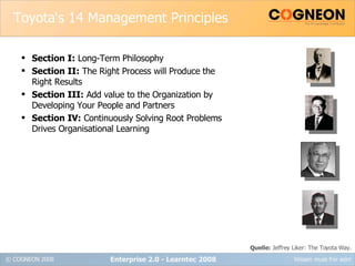 Toyota‘s 14 Management Principles Section I:  Long-Term Philosophy Section II:  The Right Process will Produce the Right Results Section III:  Add value to the Organization by Developing Your People and Partners Section IV:  Continuously Solving Root Problems Drives Organisational Learning Enterprise 2.0 - Learntec 2008 Quelle:  Jeffrey Liker: The Toyota Way. 