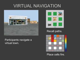 VIRTUAL NAVIGATION
Participants navigate a
virtual town.
Recall paths.
Place cells fire.
 