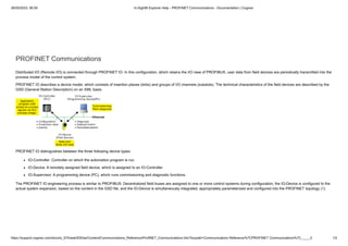 26/05/2023, 06:59 In-Sight® Explorer Help - PROFINET Communications - Documentation | Cognex
https://support.cognex.com/docs/is_574/web/EN/ise/Content/Communications_Reference/ProfiNET_Communications.htm?tocpath=Communications Reference%7CPROFINET Communications%7C_____0 1/2
PROFINET Communications
Distributed I/O (Remote I/O) is connected through PROFINET IO. In this configuration, which retains the I/O view of PROFIBUS, user data from field devices are periodically transmitted into the
process model of the control system.
PROFINET IO describes a device model, which consists of insertion places (slots) and groups of I/O channels (subslots). The technical characteristics of the field devices are described by the
GSD (General Station Description) on an XML basis.
PROFINET IO distinguishes between the three following device types:
IO-Controller: Controller on which the automation program is run.
IO-Device: A remotely assigned field device, which is assigned to an IO-Controller.
IO-Supervisor: A programming device (PC), which runs commissioning and diagnostic functions.
The PROFINET IO engineering process is similar to PROFIBUS: Decentralized field buses are assigned to one or more control systems during configuration; the IO-Device is configured to the
actual system expansion, based on the content in the GSD file; and the IO-Device is simultaneously integrated, appropriately parameterized and configured into the PROFINET topology (1).
 