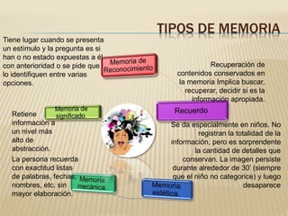 TIPOS DE MEMORIA
Tiene lugar cuando se presenta
un estímulo y la pregunta es si
han o no estado expuestas a él
con anterioridad o se pide que
lo identifiquen entre varias
opciones.
Recuperación de
contenidos conservados en
la memoria Implica buscar,
recuperar, decidir si es la
información apropiada.
Se da especialmente en niños. No
registran la totalidad de la
información, pero es sorprendente
la cantidad de detalles que
conservan. La imagen persiste
durante alrededor de 30’ (siempre
que el niño no categorice) y luego
desaparece
La persona recuerda
con exactitud listas
de palabras, fechas,
nombres, etc. sin
mayor elaboración.
Retiene
información a
un nivel más
alto de
abstracción.
 