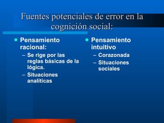 Fuentes potenciales de error en la cognición social: Pensamiento racional:  Se rige por las reglas básicas de la lógica.  Situaciones analíticas  Pensamiento intuitivo Corazonada  Situaciones sociales 