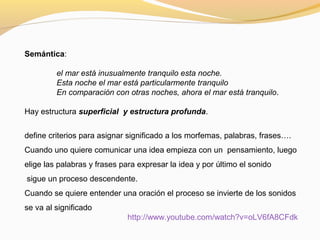 Semántica:
el mar está inusualmente tranquilo esta noche.
Esta noche el mar está particularmente tranquilo
En comparación con otras noches, ahora el mar está tranquilo.
Hay estructura superficial y estructura profunda.
define criterios para asignar significado a los morfemas, palabras, frases….
Cuando uno quiere comunicar una idea empieza con un pensamiento, luego
elige las palabras y frases para expresar la idea y por último el sonido
sigue un proceso descendente.
Cuando se quiere entender una oración el proceso se invierte de los sonidos
se va al significado
http://www.youtube.com/watch?v=oLV6fA8CFdk
 