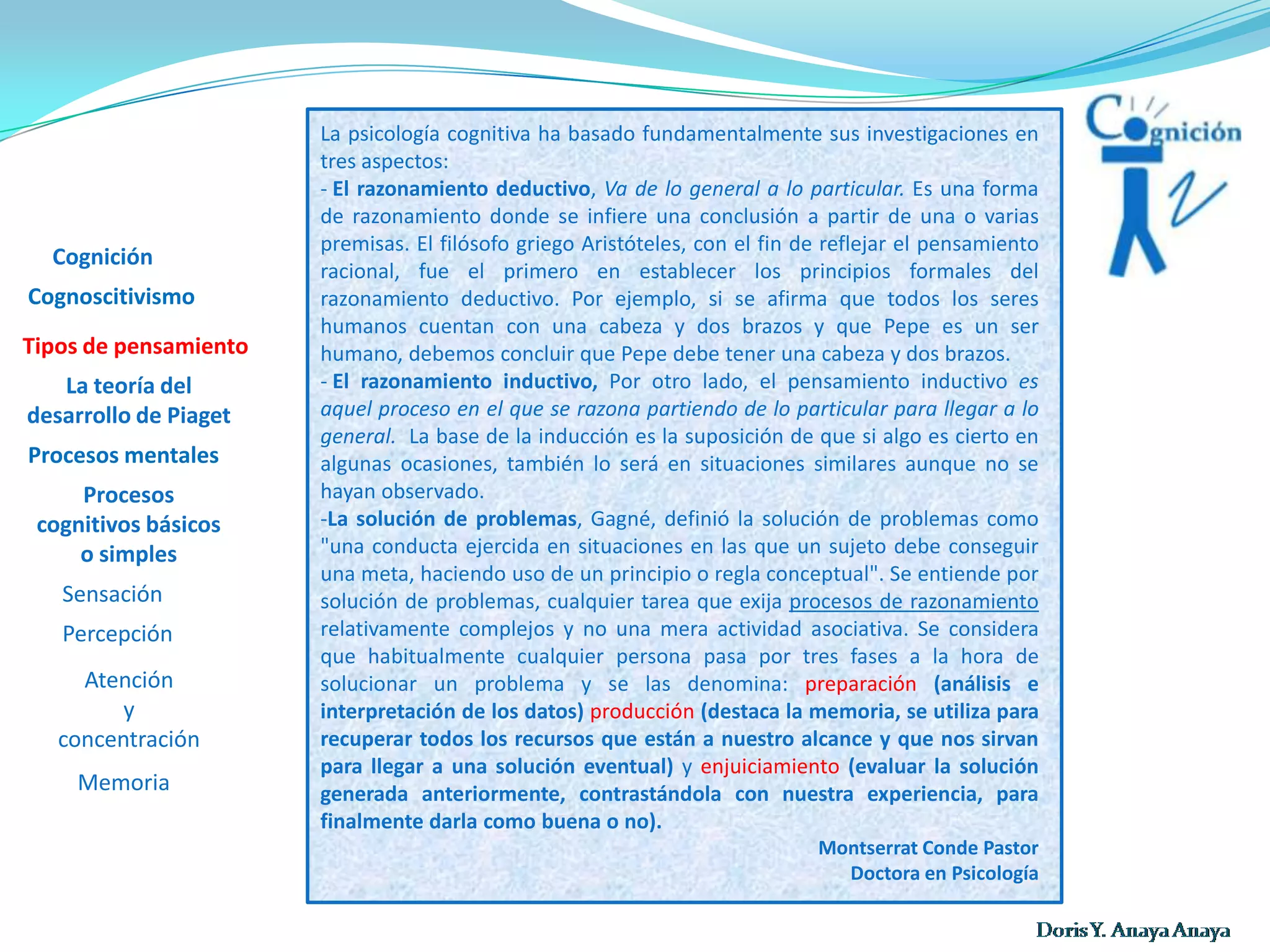 La psicología cognitiva ha basado fundamentalmente sus investigaciones en tres aspectos:  El razonamiento deductivo, Va de lo general a lo particular. Es una forma de razonamiento donde se infiere una conclusión a partir de una o varias premisas. El filósofo griego Aristóteles, con el fin de reflejar el pensamiento racional, fue el primero en establecer los principios formales del razonamiento deductivo. Por ejemplo, si se afirma que todos los seres humanos cuentan con una cabeza y dos brazos y que Pepe es un ser humano, debemos concluir que Pepe debe tener una cabeza y dos brazos.