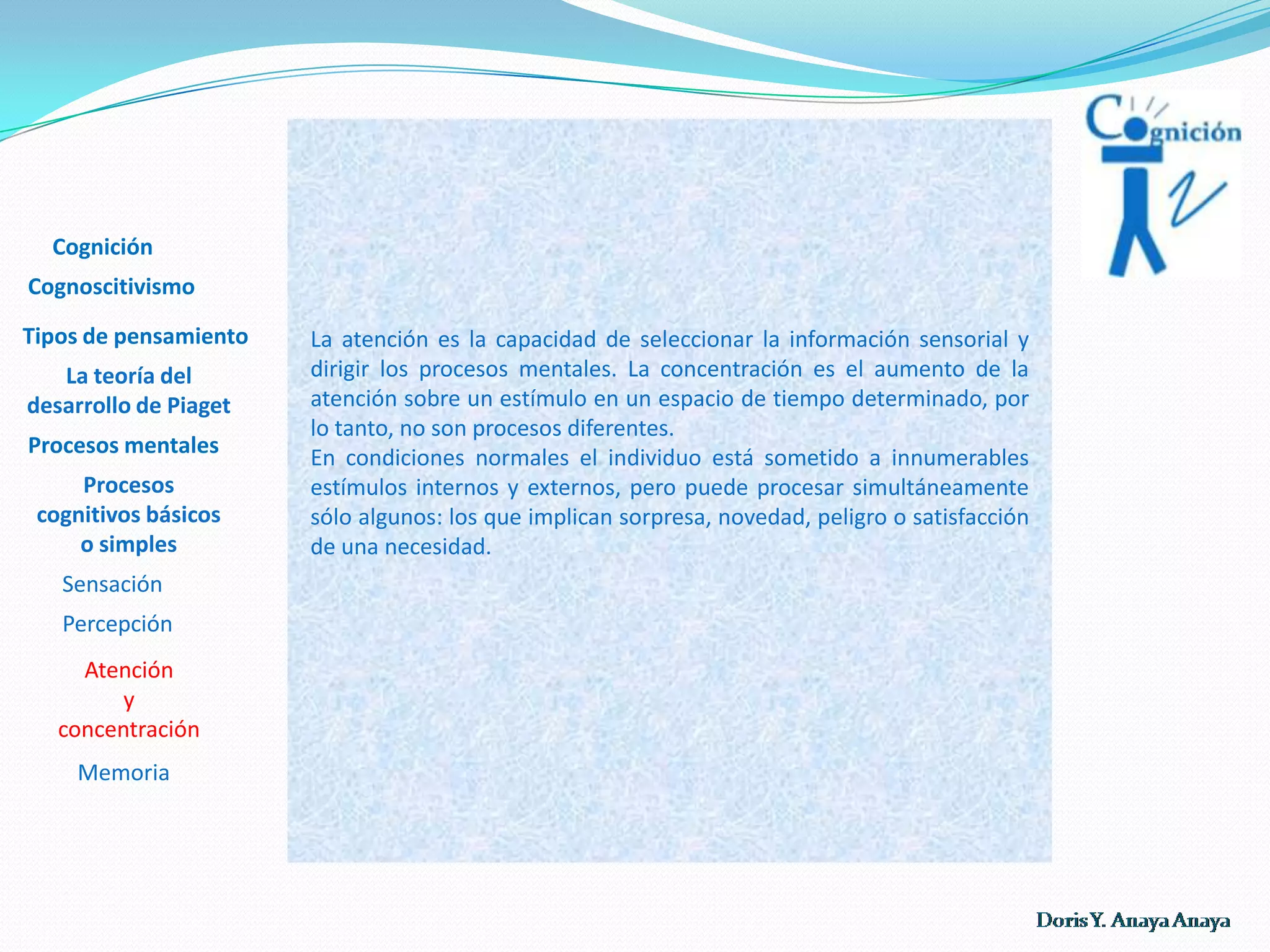 UNIDAD 1:Cognición CognoscitivismoLa sensación es el efecto inmediato de los estímulos en el organismo (recepción del estímulo) y está constituida por procesos fisiológicos simples. Se trata de un fenómeno fundamentalmente biológico. Muy controvertido y con múltiples acepciones en el pensamiento filosófico y psicológico. En general, se refiere al impacto de los estímulos externos e internos en los receptores sensoriales y a la primera etapa de reconocimiento por el cerebro.Tipos de pensamientoLa teoría del desarrollo de Piaget Procesos mentalesProcesos cognitivos básicos o simples (Bermeosolo, J. 1997) Sensación Percepción Para que se produzca la sensación, las estimulaciones externas deben ser trasmitidas y transformadas en vivencias. Esta función la realizan los órganos de los sentidos (sistemas aferentes). Atención y concentración  Memoria 