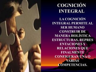 COGNICIÓN INTEGRALLA COGNICIÓN INTEGRAL PERMITE AL SER HUMANO CONSTRUIR DE MANERA HOLÍSTICA ESTRUCTURAS, REPRESENTACIONES Y RELACIONES QUE FINALMENTE CONFIGURAN UNA O VARIAS COMPETENCIAS.