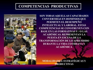 COMPETENCIAS  FORMATIVASSON TODAS AQUELLAS CAPACIDADES CONVERTIDAS EN DOMINIOS SOBRE LAS CUALES SE CONSTRUYE LA ESTRUCTURA Y DINÁMICA DE LA INTEGRALIDAD DEL SER HUMANO.ESTÁN REPRESENTADAS POR LOS DESARROLLOS EN LO CORPORAL, MENTAL, SOCIAL, AFECTIVO,  Y MORAL QUE SE CONSTITUYE EN LA BASE ESTRUCTURAL DE LA PERSONALIDAD.MODALIDADES: FUNDAMENTALES Y BÁSICAS