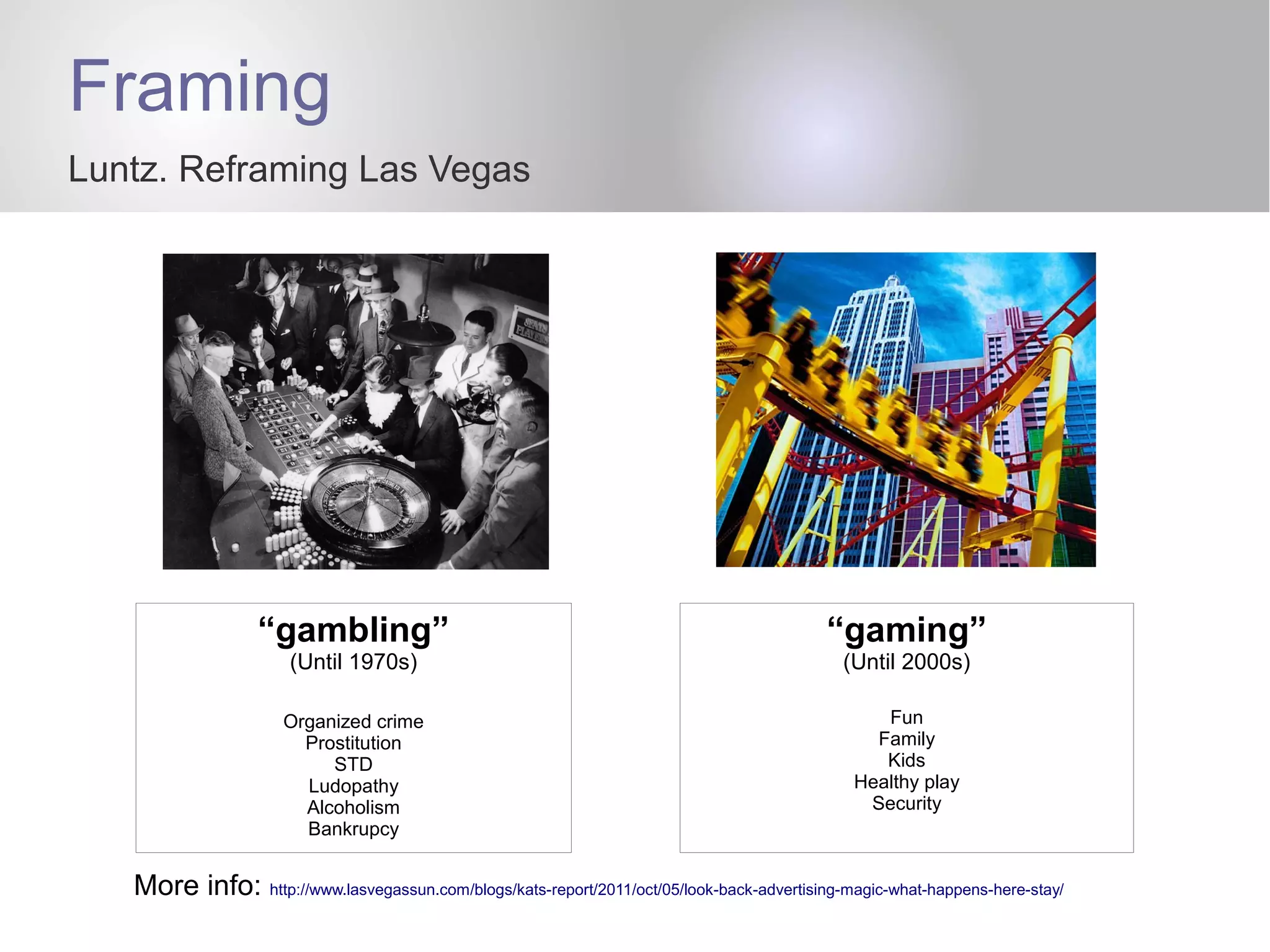 Framing
Luntz. Reframing Las Vegas
“gambling”
(Until 1970s)
Organized crime
Prostitution
STD
Ludopathy
Alcoholism
Bankrupcy
“gaming”
(Until 2000s)
Fun
Family
Kids
Healthy play
Security
More info: http://www.lasvegassun.com/blogs/kats-report/2011/oct/05/look-back-advertising-magic-what-happens-here-stay/