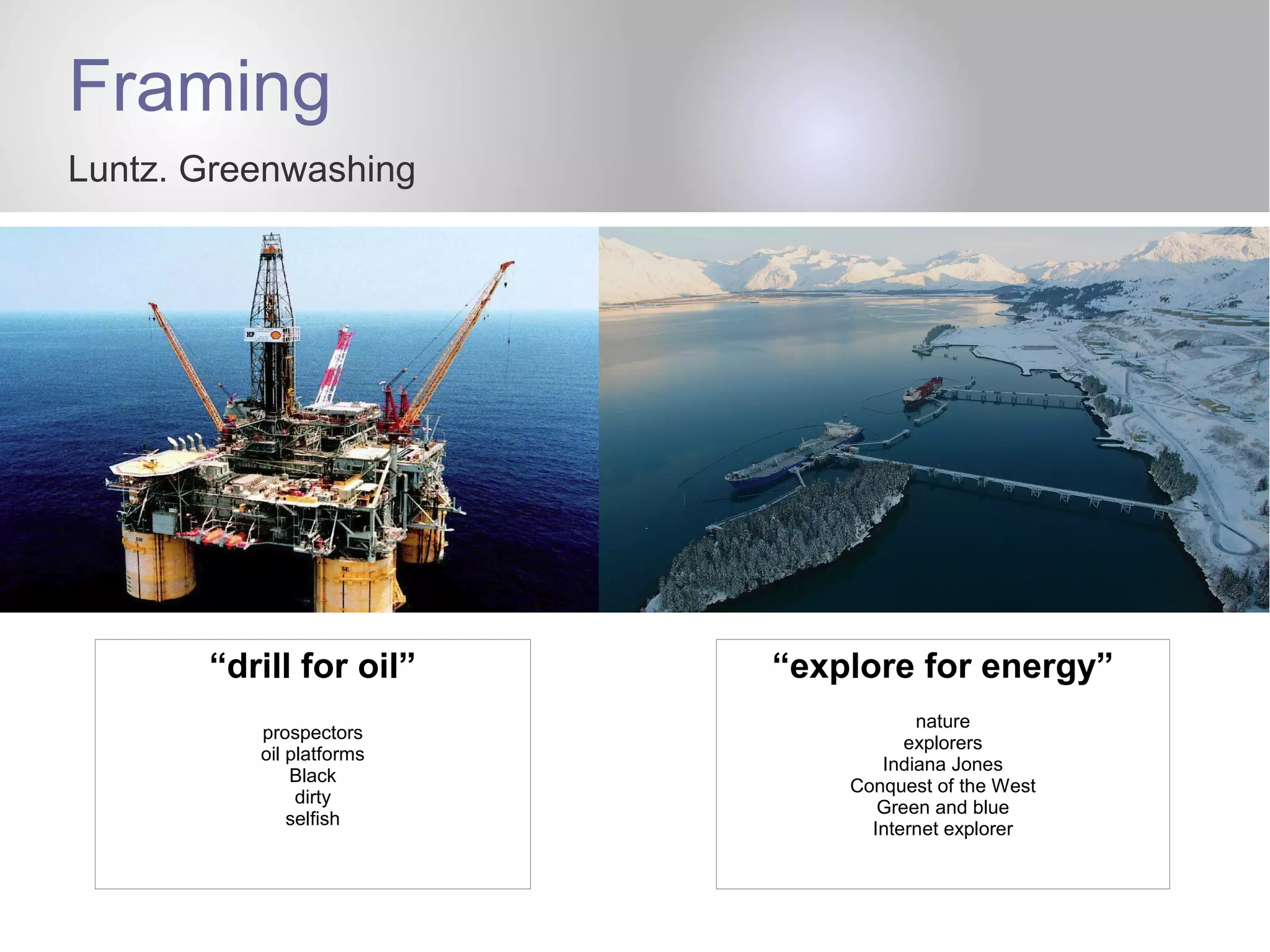 Framing
Luntz. Greenwashing
“drill for oil”
prospectors
oil platforms
Black
dirty
selfish
“explore for energy”
nature
explorers
Indiana Jones
Conquest of the West
Green and blue
Internet explorer
