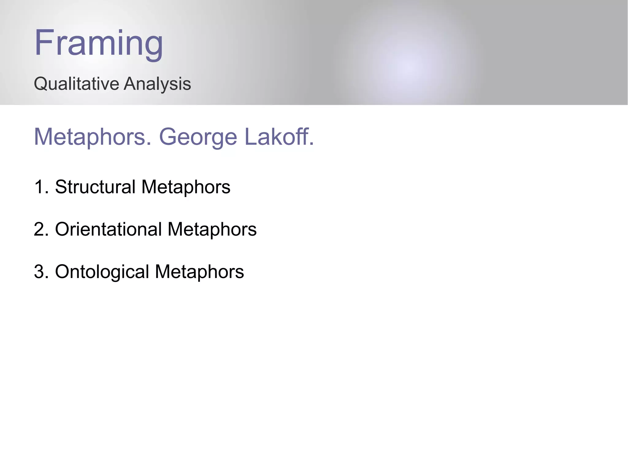 Framing
Qualitative Analysis
Metaphors. George Lakoff.
1. Structural Metaphors
2. Orientational Metaphors
3. Ontological Metaphors