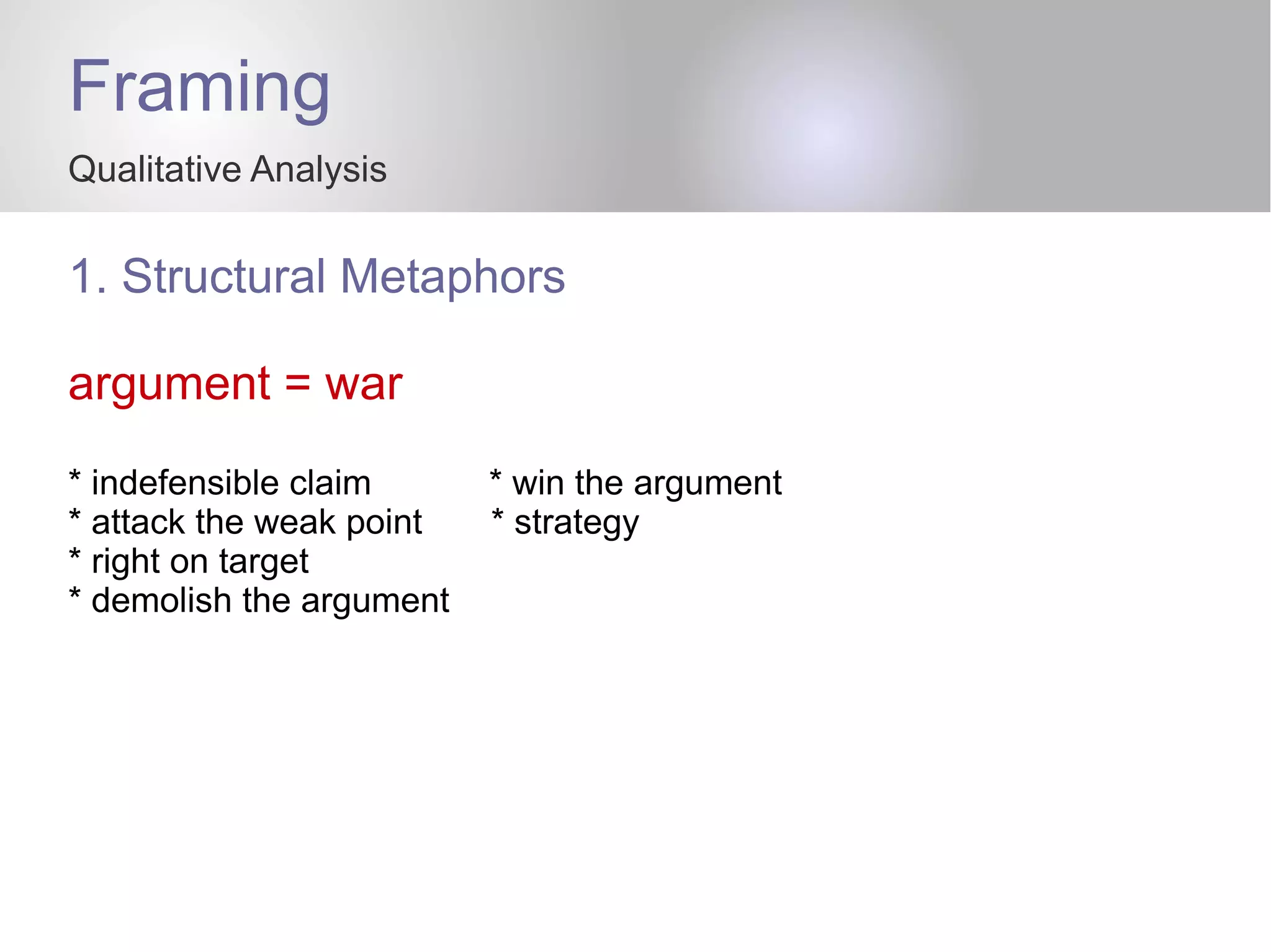 Framing
Qualitative Analysis
1. Structural Metaphors
argument = war
* indefensible claim * win the argument
* attack the weak point * strategy
* right on target
* demolish the argument
