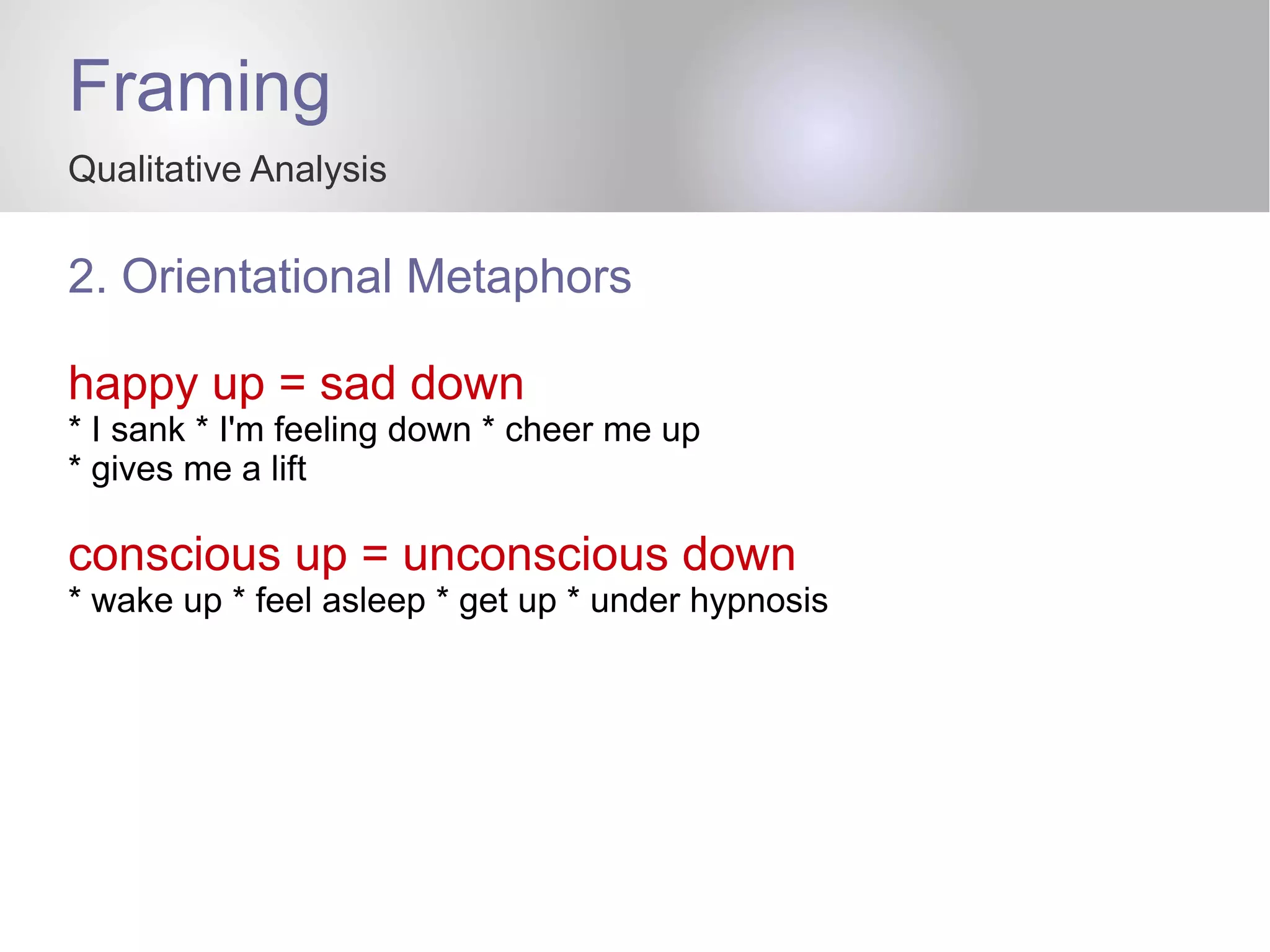 Framing
Qualitative Analysis
2. Orientational Metaphors
happy up = sad down
* I sank * I'm feeling down * cheer me up
* gives me a lift
conscious up = unconscious down
* wake up * feel asleep * get up * under hypnosis