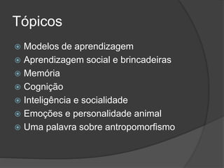 Tópicos
 Modelos de aprendizagem
 Aprendizagem social e brincadeiras
 Memória
 Cognição
 Inteligência e socialidade
 Emoções e personalidade animal
 Uma palavra sobre antropomorfismo
 