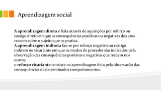 Aprendizagem social
A aprendizagem direta é feita através de aquisições por reforço ou
castigo direto em que as consequências positivas ou negativas dos atos
recaem sobre o sujeito que os pratica.
A aprendizagem indireta faz-se por reforço negativo ou castigo
indireto ou vicariante em que os modos de proceder são indicados pela
observação das consequências positivas e negativas que recaem nos
outros.
o reforço vicariante consiste na aprendizagem feita pela observação das
consequências de determinados comportamentos.
 