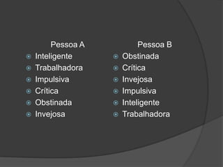 Pessoa AInteligenteTrabalhadoraImpulsivaCríticaObstinadaInvejosaPessoa BObstinadaCríticaInvejosaImpulsivaInteligenteTrabalhadora