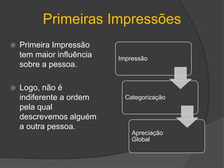 Primeiras ImpressõesPrimeira Impressão tem maior influência sobre a pessoa.Logo, não é indiferente a ordem pela qual descrevemos alguém a outra pessoa.