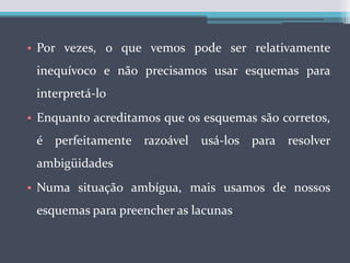Por vezes, o que vemos pode ser relativamente inequívoco e não precisamos usar esquemas para interpretá-loEnquanto acreditamos que os esquemas são corretos, é perfeitamente razoável usá-los para resolver ambigüidadesNuma situação ambígua, mais usamos de nossos esquemas para preencher as lacunas