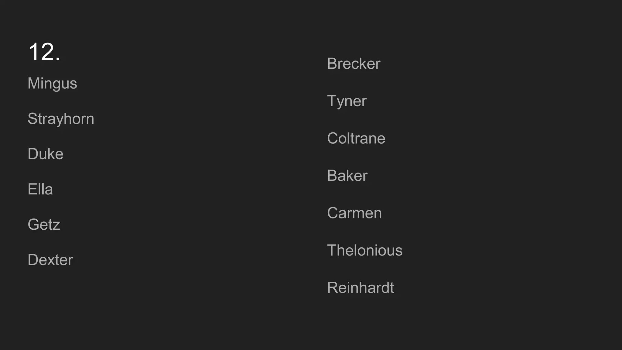 12.
Mingus
Strayhorn
Duke
Ella
Getz
Dexter
Brecker
Tyner
Coltrane
Baker
Carmen
Thelonious
Reinhardt
 