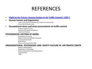 REFERENCES
•
•

Flight to the Future: Human Factors in Air Traffic Control ( 1997 )
Human Factors and Ergonomics
José J. Cañas, Boris B. Velichkovsky and Boris M. Velichkovsky
University of Granada, Spain

•

Occupational stress and stress preventionin air traffic control
Professor Giovanni Costa
Institute of Occupational Medicine
University of Verona

PSYCHOSOCIAL FACTORS AT WORK:
Recognition and control
Report of the Joint ILO/WHO Committee
on Occupational Health
Ninth Session
Geneva, 18-24 September 1984

ORGANIZATIONAL PSYCHOLOGY AND SAFETY CULTURE IN AIR TRAFFIC CONTR
MARCUS ARVIDSSONOL
Department of Psychology
Work & Organizational Psychology Division
Lund University
2006

 