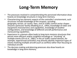 Long-Term Memory
• The processes involved in comprehending the perceived information draw
heavily on knowledge structures in long-term memory.
• Characterizing less dynamic aspects of the controller's environment, such
structures include knowledge of the airspace, including
geography, terrain, air routes, fixes, and air traffic control sector shapes
around a particular facility (Redding et al., 1992), knowledge of radar and
equipment characteristics and capabilities, knowledge of weather
configurations, and knowledge of different aircraft performance and
maneuvering capabilities.
• Experience in a domain often leads to long-term memory structures that
permit more efficient and/or insightful encodings or "chunking" of
multiple events (Chi et al., 1981). In the air traffic control domain, for
example, experienced controllers may directly identify important types of
events involving multiple aircraft (such as conflict) rather than focusing on
individual aircraft
• The decision-making and planning processes also draw heavily on
knowledge in long-term memory.

 
