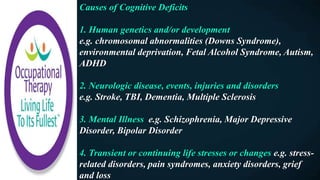Causes of Cognitive Deficits
1. Human genetics and/or development
e.g. chromosomal abnormalities (Downs Syndrome),
environmental deprivation, Fetal Alcohol Syndrome, Autism,
ADHD
2. Neurologic disease, events, injuries and disorders
e.g. Stroke, TBI, Dementia, Multiple Sclerosis
3. Mental Illness e.g. Schizophrenia, Major Depressive
Disorder, Bipolar Disorder
4. Transient or continuing life stresses or changes e.g. stress-
related disorders, pain syndromes, anxiety disorders, grief
and loss
 