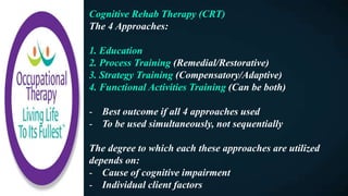 Cognitive Rehab Therapy (CRT)
The 4 Approaches:
1. Education
2. Process Training (Remedial/Restorative)
3. Strategy Training (Compensatory/Adaptive)
4. Functional Activities Training (Can be both)
- Best outcome if all 4 approaches used
- To be used simultaneously, not sequentially
The degree to which each these approaches are utilized
depends on:
- Cause of cognitive impairment
- Individual client factors
 