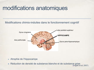 modifications anatomiques
HIPPOCAMPE
Aire préfrontale
Gyrus cingulaire
Lobe pariétal supérieur
Gyrus para-hippocampique
(Inigaki et al, 2007)
✤ Atrophie de l’hippocampe
✤ Réduction de densité de substance blanche et de substance grise
Modifications chimio-induites dans le fonctionnement cognitif
 
