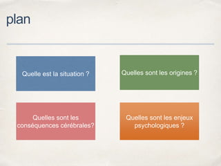 plan
Quelle est la situation ? Quelles sont les origines ?
Quelles sont les
conséquences cérébrales?
Quelles sont les enjeux
psychologiques ?
 