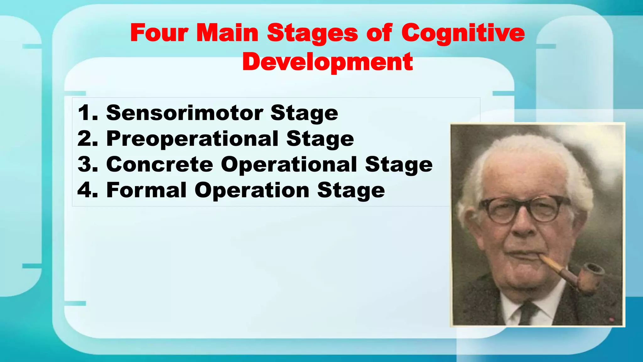 Four Main Stages of Cognitive
Development
11
1. Sensorimotor Stage
2. Preoperational Stage
3. Concrete Operational Stage
4. Formal Operation Stage
 