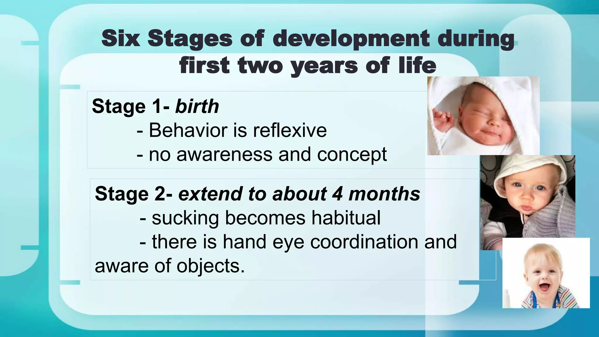 Six Stages of development during
first two years of life
Stage 1- birth
- Behavior is reflexive
- no awareness and concept
Stage 2- extend to about 4 months
- sucking becomes habitual
- there is hand eye coordination and
aware of objects.
 