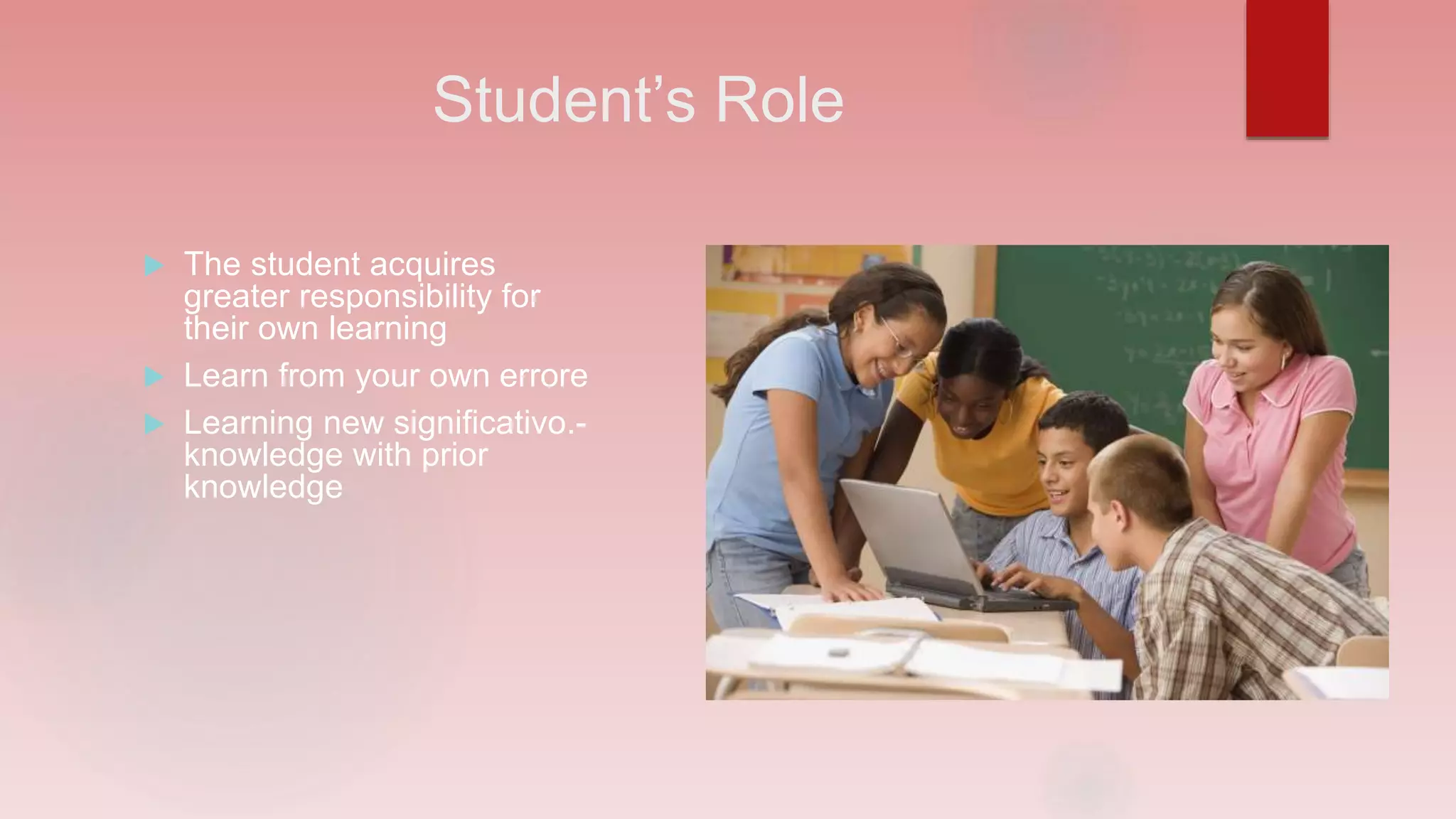 Student’s Role
The student acquires
greater responsibility for
their own learning
Learn from your own errore
Learning new significativo.-
knowledge with prior
knowledge
