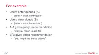 © 2014 MapR Technologies 42 
For example 
• Users enter queries (A) 
– (actor = user, item=query) 
• Users view videos (B) 
– (actor = user, item=video) 
• ATA gives query recommendation 
– “did you mean to ask for” 
• BTB gives video recommendation 
– “you might like these videos” 
 